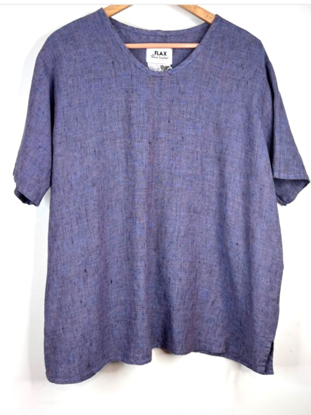 FLAX Jeanne Engelhart Purple Linen Top L Oversized Boxy Short Sleeve Lagenlook